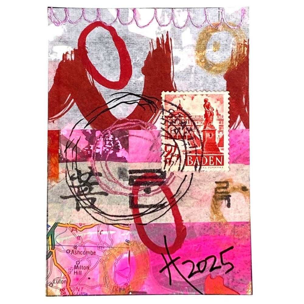 ACEO Original Art Acrylic Collage Mixed Media 1947 French Occ Germany Stamp ATC